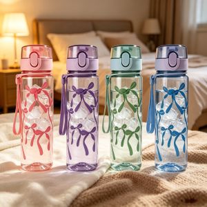 560ML Solid Color/Clear Straight Sip Water Bottle with Bow Pattern Minimalist Large Capacity Leakproof Reusable Cup for Drinks