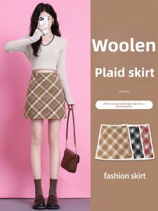 ZITENGFEI | Autumn Winter Tartan Wool Knee Skirt