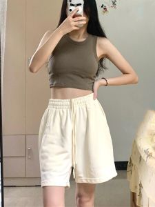 American Sports Shorts Apricot Pure Cotton Shorts Womens Summer High Waist Bermuda Shorts Slim Looking Loose BF Lazy Shorts
