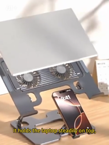 【✅SG Brand🔥】RICHMENT Laptop & Mobile Phone 2-in-1 Adjustable Stand Fits Devices from 5 to 18 Inches with Dual Turbo Cooling Fan All-Carbon Steel Ergonomic Foldable Desktop Holder for Laptop Tablet Phone