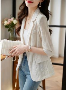 เต้าเสียบ ฤดูร้อน ผู้หญิง ผ้าไหม ลำลอง น้ำหนักเบา ชุดสูท เสื้อแจ็คเก็ต สไตล์เกาหลี สํานักงานเดินทางห้าแขน ปกโปโล ปุ่มเดียว