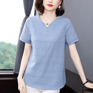 QIAOXIZI | Short Sleeve Cotton Linen Summer T-shirt Fashionable Large Size V-neck