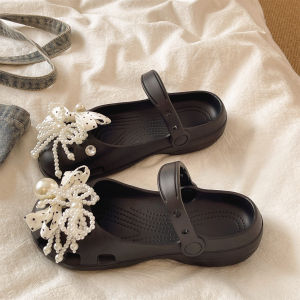 Slip-Resistant Bow Pearl Chunky Sole Womens Beach Sandals