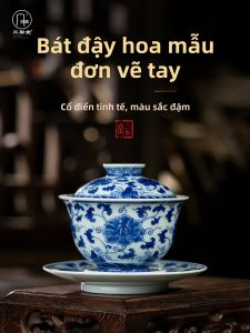 SANQINTANG | Bộ ấm chén sứ vẽ tay hoa mẫu đơn xanh trắng có nắp