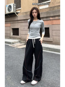 กางเกงวอร์มกีฬาชายทรงหลวมสไตล์อเมริกันลายทางสีตัดกันฤดูใบไม้ร่วง กางเกงขายาวทรงหลวมพอดีตัวทรงหลวมสำหรับใส่ลำลองในฤดูใบไม้ร่วง