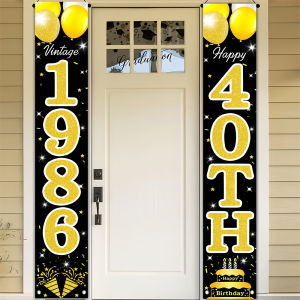 Black Gold 40th Birthday Door Banner Vintage 1986 Themed Couplet with Balloons & Cake for 40th Birthday Decor