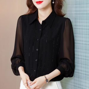DAIXIANGFEIZI | Black Beautiful Chiffon Shirt Long Sleeve
