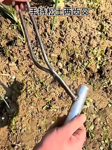 ส้อมพรวนดินสองง่ามมือถือ◆เหล็กหนา1.8มม.+ด้ามท่อกลม◆แรงทน>200N◆เหมาะสำหรับทำไร่-สวนครัว◆【iukoi -77】