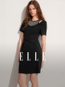 Elle Womens Slimming Stripe Dress Summer New Style Splice Color Block Hollow out Waist-Cinching Midi Dress Commute Simple Style