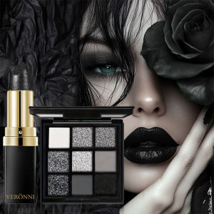 2 ชิ้น/เซ็ตชุดแต่งหน้าสไตล์ดาร์ค ลิปสติกสีดำเพชรพร้อมอายแชโดว์สีดำกันน้ำติดทนนาน สไตล์โกธิค