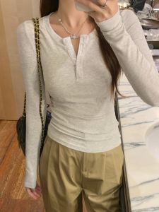 Slim Fit Button up Henry Collar T-Shirt Womens Autumn Simple Pure Color Inner Wear Shoulder Enhancing Long Sleeve Top