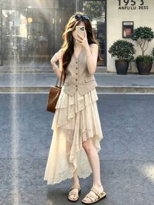 XUECAIQI | Retro Lace Sleeveless Vest and Skirt Set