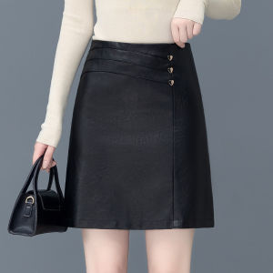 กระโปรงสั้นหนังทรงเอแฟชั่นสำหรับผู้หญิง ฤดูใบไม้ร่วงปี 2025 กระโปรงสั้นทรงเอเอวสูงทรงเอ PU ครึ่งตัว กระโปรงสั้นทรงเอแบบมีด้านข้าง