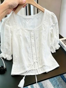 SHUAIYUE | Áo Sơ Mi Tay Bồng Cổ Vuông Thêu Xỏ Kim Phong Cách Pháp Mùa Hè