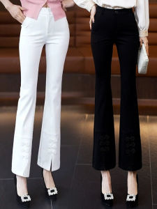 กางเกงขายาวทรงหลวมสไตล์จีนใหม่ กางเกงขายาวทรงขาบานเอวสูง กางเกงขายาวทรงลำลองสำหรับผู้หญิง กางเกงขายาวทรงขาบาน