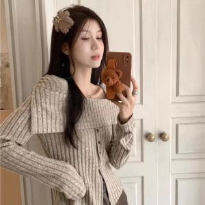 Soft Wind One-Shoulder Splice Square Collar Knitted Sweater Womens Autumn Winter Shoulder Exposure Slimming Split Fleece Base Top