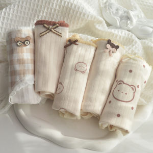 5 Pack Japanese Style Milky Nude Cute Cartoon Bear Underwear Female Cotton Antibacterial Student Girl Mid Waist Briefs