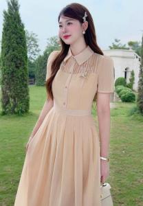 Beaded Nude Color Formal Dress with Brooch Beige Fit and Flare Graduation or Bridesmaid Formalwear
