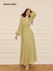 Elegant French Romantic Lantana Print V-neck Maxi Dress