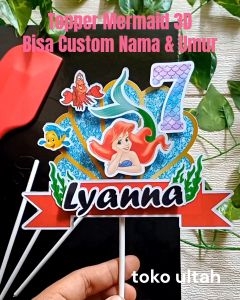 Topper Cake Mermaid 3D Bisa Custom Nama untuk Hiasan Kue Ulang Tahun Anak Karakter (Putri Duyung)