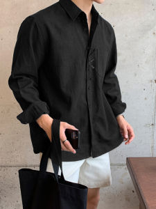 Black Casual Shirt for Men Summer Loose Fit Pure Color Versatile Korean Style Cotton Long Sleeve Shirt Youth Fashion Trend