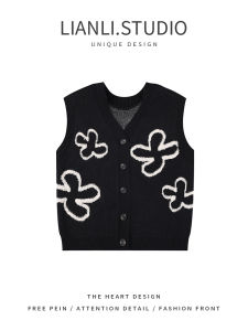 Lianli ฤดูใบไม้ร่วง ฤดูหนาว ถัก คอวี เสื้อสเวตเตอร์ เสื้อกั๊ก ผู้หญิง แจ๊กเก็ต Unique 3D Flower ดีไซน์ สีดำ Buttoned แขนกุด Top