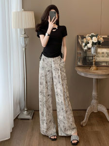High-End Casual Sports Set Women Summer 2025 New National Style Black Short Sleeve Floral Wide Leg Pants Two Piece Set