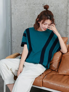 Summer Womens Loose Fit Cotton Blend Striped T-Shirt Korean Style Short Sleeve Batwing Sleeve round Neck Splice Design T-Shirt