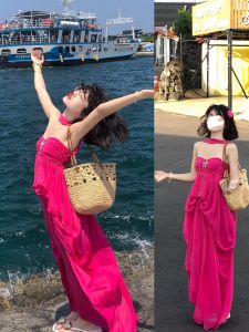 ALITTLE Messy Island Mermaid Tie-Back Neck Strap Dress Vacation Dress Summer High Waist Gored Skirt Style Polyester Fabric