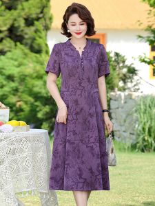 Elegant Short Sleeve Dress for Middle-Aged Mothers Summer Fashion Slimming Midi Dress Polyester Fabric V-Neckline Pocket Detail
