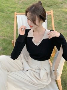 Contrast Color Lapel Knitwear Tops Short