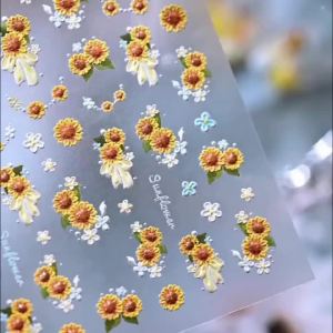 1Pcs 5D Embossed Sunflower Nail Stickers White Yellow Daisy Floral Nails Decals for Women Summer Vacation Daily Manicure Sliders