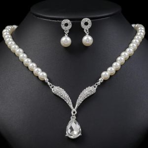 3PC Womens Fashion Trend Pearl Droplet Necklace Earrings Jewelry Set Wedding Banquet Party Festival Gift