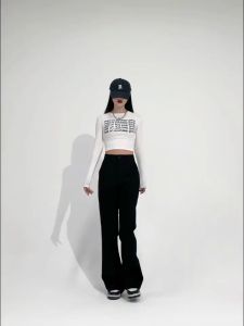 Vintage Micro Flare Casual Pants for Women High-waisted Slimming Design Floor-length Suit Pants