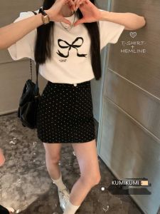 กระโปรงสั้นผ้ายีนส์ลายจุดสีดำ ทรงเอเอวสูง ทรงเข้ารูป สำหรับผู้หญิง ฤดูร้อน 2024 กระโปรงสั้นผ้าฝ้ายผสมสไตล์เกาหลี