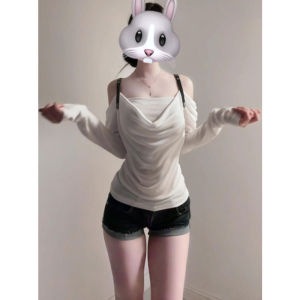 Unique Shoulder Bared Design T Shirt Elegant Simple Style Long Sleeve Womens Top Fashionable for Autumn Season