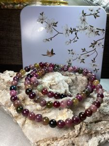 B061 一物一图天然水晶碧玺电气石旺夫石绕手三圈手串手链项链Natural Crystal Quartz Semi Precious Stone Tourmaline Layered Braclete Necklace