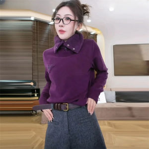 เสื้อสเวตเตอร์คอปกขนแกะแฟชั่นสำหรับผู้หญิง ฤดูใบไม้ร่วง/ฤดูหนาว 2024 ใหม่ อบอุ่น ดีไซน์ไม่ซ้ำใคร เสื้อตัวบน