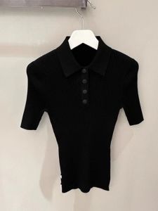 Black Polo Neck Short Sleeve Ice Silk Knitted Top Womens Slim Fit Summer Fashionable Body Shaping Korean Style Commute Wear