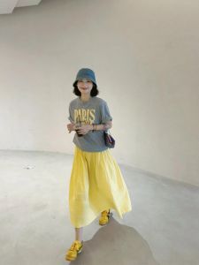 Korean Style Grey Casual Lazy Letter Print Short Sleeve T-shirt and Half Skirt Set for Women Summer MultiBAMA Yellow