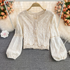 Stylish Embroidered Cotton Linen Loose round Neck Shirt Womens Fashion Autumn New Arrival Single Button up Top Korean Style