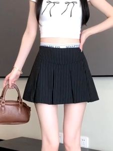 American Striped Casual Pleated Skirt Womens High Waist A-Line Hot Girl Skort Skirt