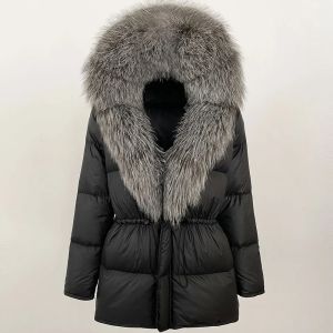 Áo Khoác Phao Lông Cáo Tự Nhiên Nữ Ấm Áp Có Mũ Lông Vũ Trắng Kiểu Dáng Công Sở Dày Dặn Mùa Đông Thu Áo Khoác Lông Thật