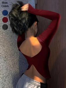 Ladies Solid Color Round Neck Long Sleeve T-Shirt Slim Fit Casual Style Daily Top Comfortable Fashionable Backless Design