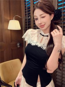 GUZILIAN | New Chinese Style Lace Splicing Short Sleeve T-Shirt Women Summer High-End Pure Desire Personality Slit Short Top