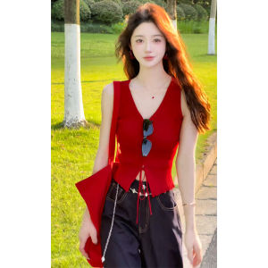 YUEZHONGWEI | Dopamine Fashion Red V-Neck Knit Vest