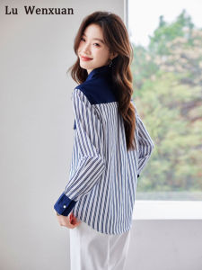 French Stripe Chiffon Shirt Womens Autumn New Long Sleeve Shirt Luxury Unique Small Shirt Loose Fit Button Detail Polo Neck