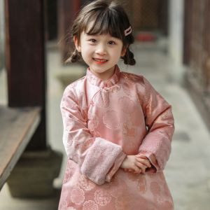 Winter Childrens Cheongsam Coat Traditional Chinese New Year Clothing Long Cotton Jacket Girls Hanfu Outerwear Poly Fiber