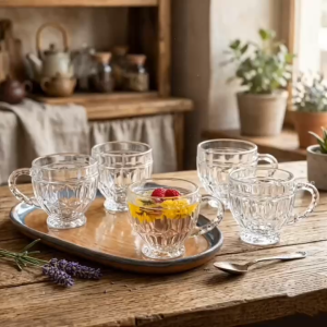 Bộ 6 Tách Thủy Tinh Có Quai Họa Tiết Kim Cương Nổi Cao Cấp 200ml Ly Uống Trà Cafe Sang Trọng TKC200