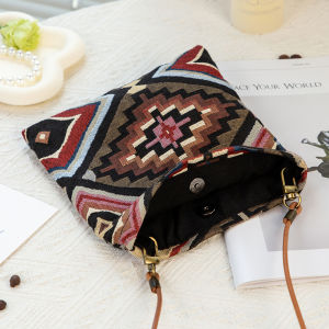Small Geometric Diamond Pattern Crossbody Bag Cute Ethnic Style Canvas Phone Bag Fashionable Leisure Handbag for Youth